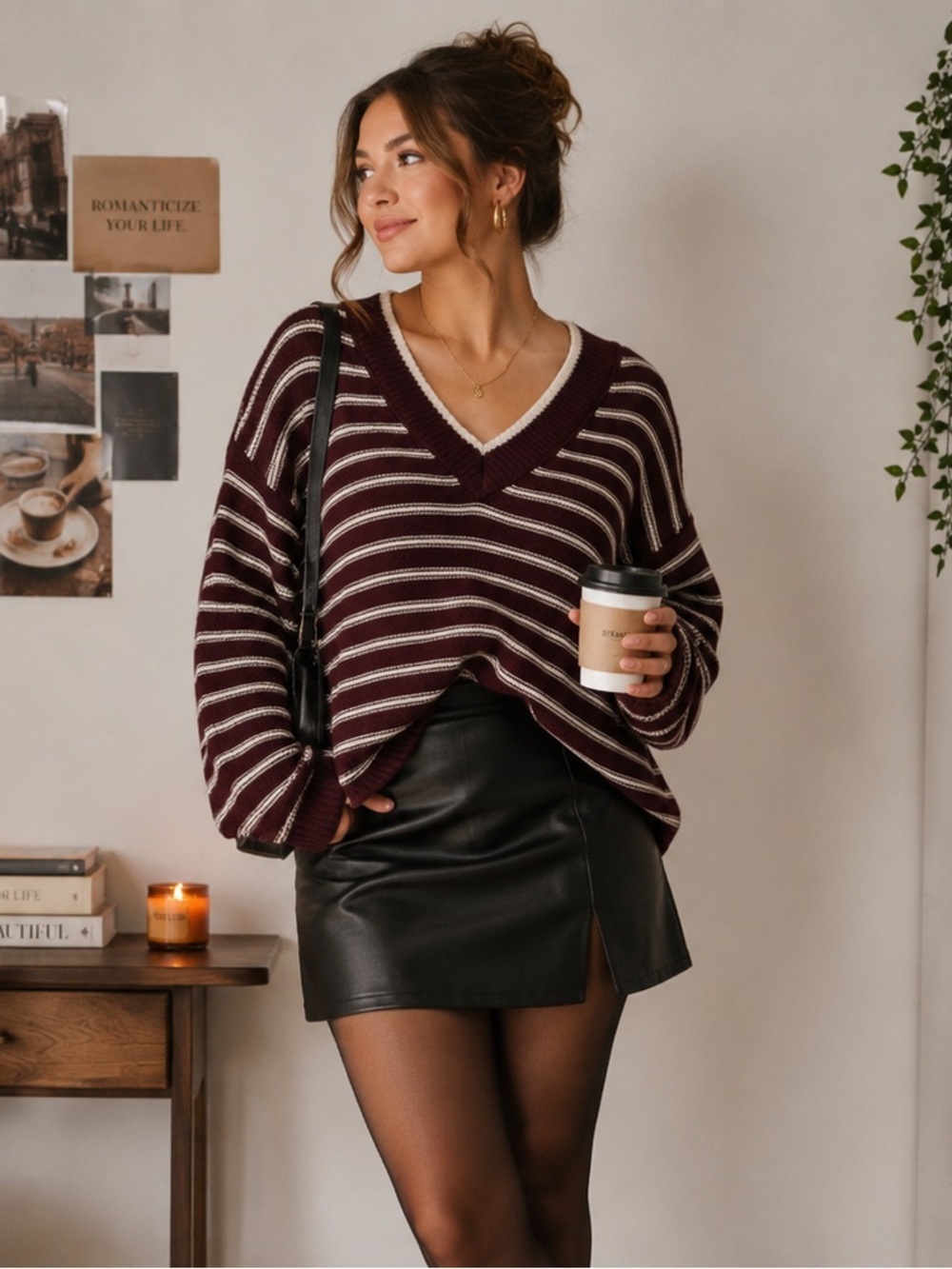 NEW American Eagle Burgundy Striped Chunky Oversized V Neck Swester Sz S